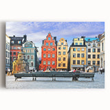 Black and white photograph of a European cityscape on stretched canvas, ideal for kitchen wall art.