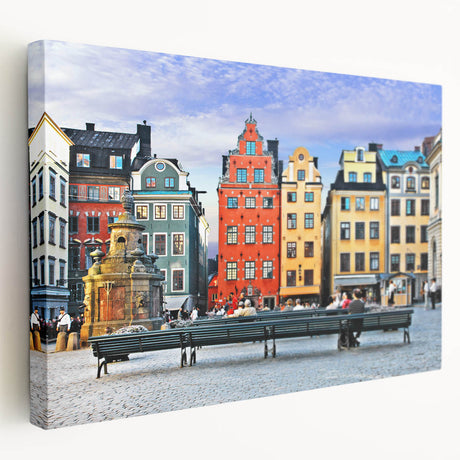 Scenic view of a Swedish landscape on a large stretched canvas, featuring muted green and blue tones.