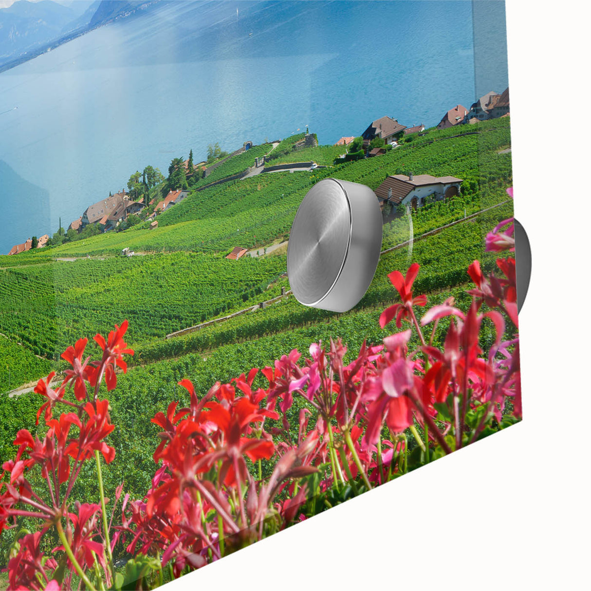 Large abstract wall art of Geneva scenery in muted earth tones on acrylic glass, ideal for dining room ambiance.