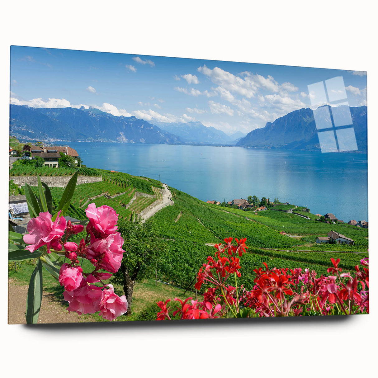 Large abstract wall art of Geneva scenery in muted blue and green tones on acrylic glass.