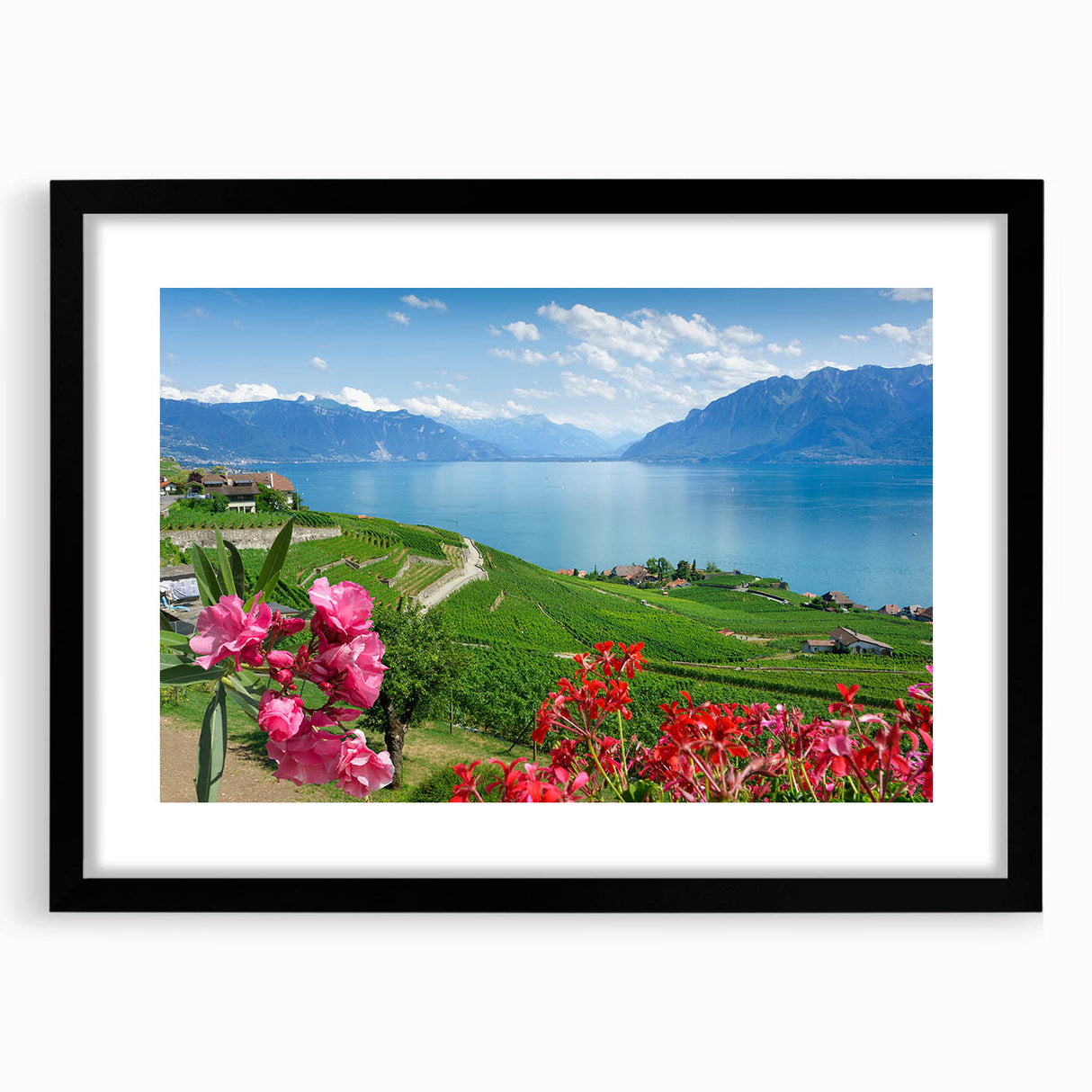 Abstract art print of Geneva scenery in vibrant colors on a textured, extra large canvas, ideal for living room decor.