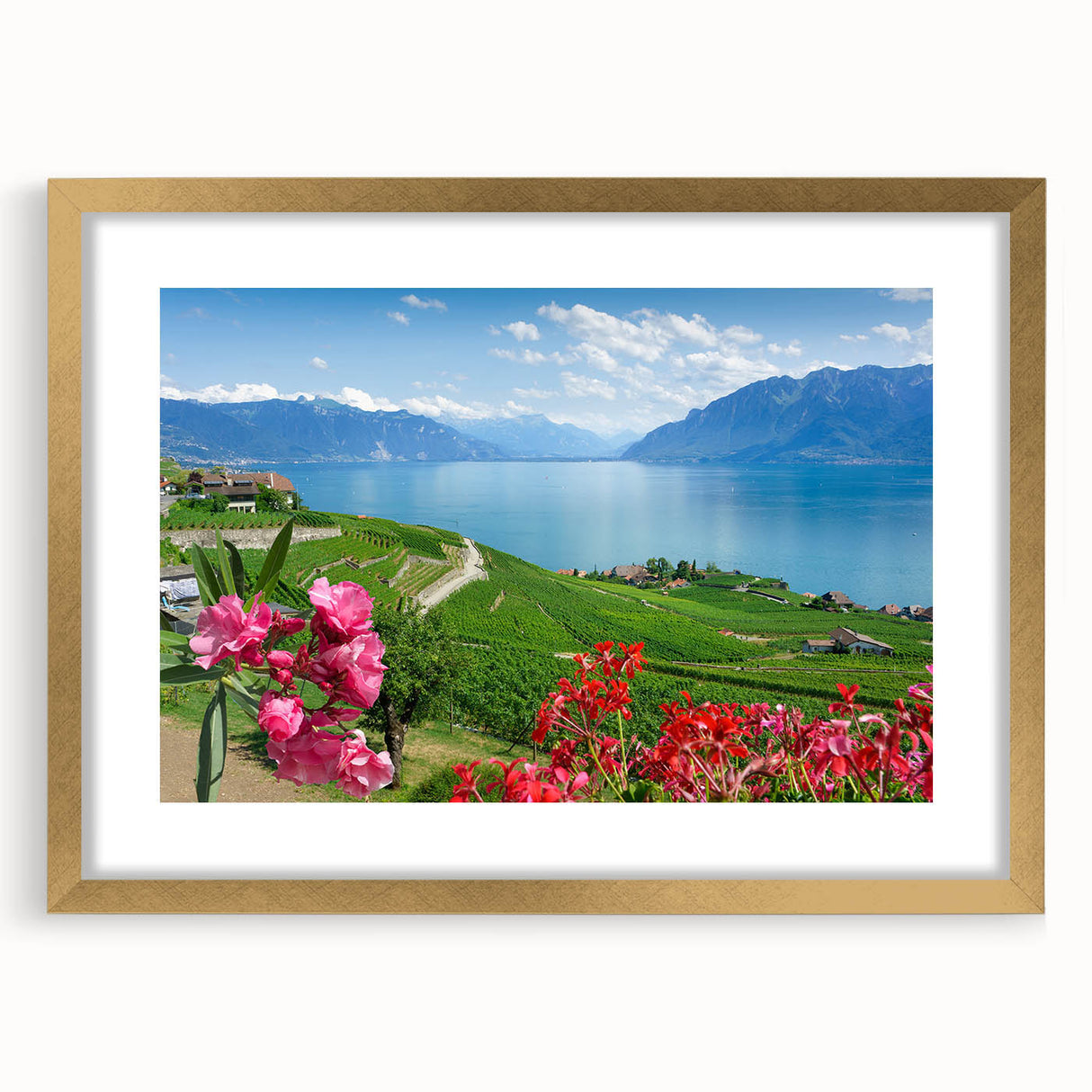 Extra large wall art featuring an abstract print of Geneva scenery in textured gold frame, ideal for living room decor.