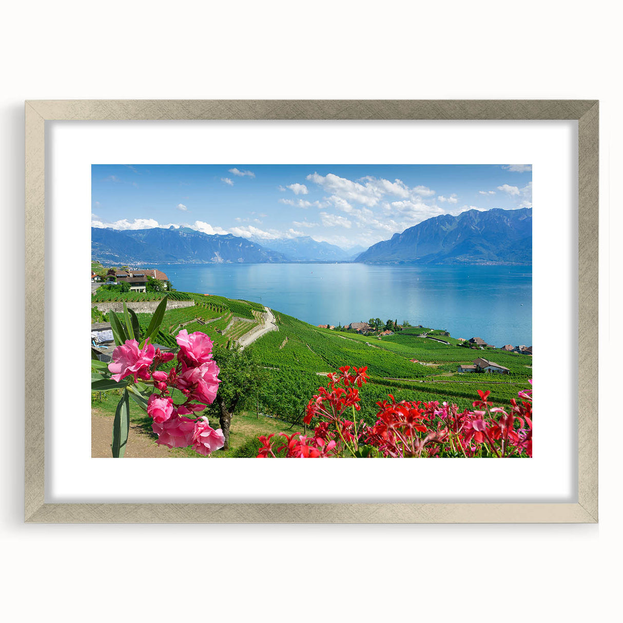 Textured abstract art print of Geneva scenery in muted blue and green hues on a framed silver mat, ideal for bedroom art.