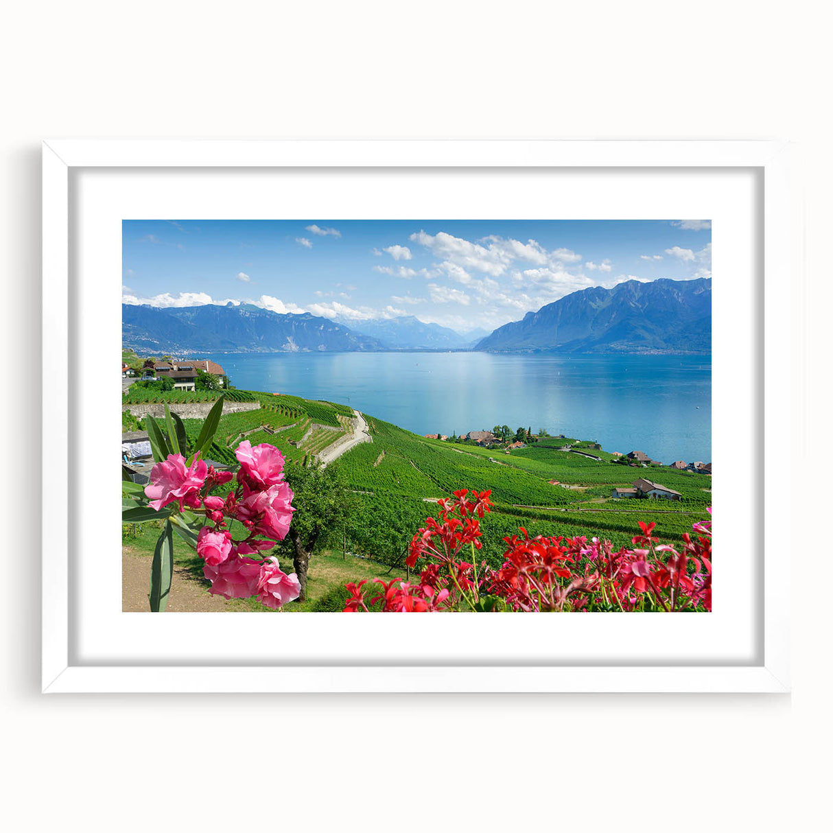 Abstract art print of Geneva scenery in muted blue and green tones on a white framed canvas, ideal for dining room decor.