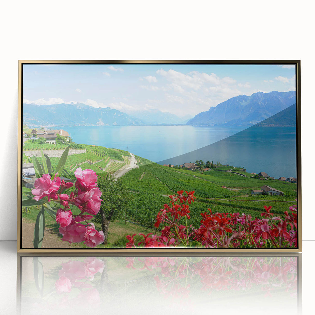 Acrylic print of Geneva scenery in gold frame, featuring mid-century modernist style, suitable for nursery wall art.