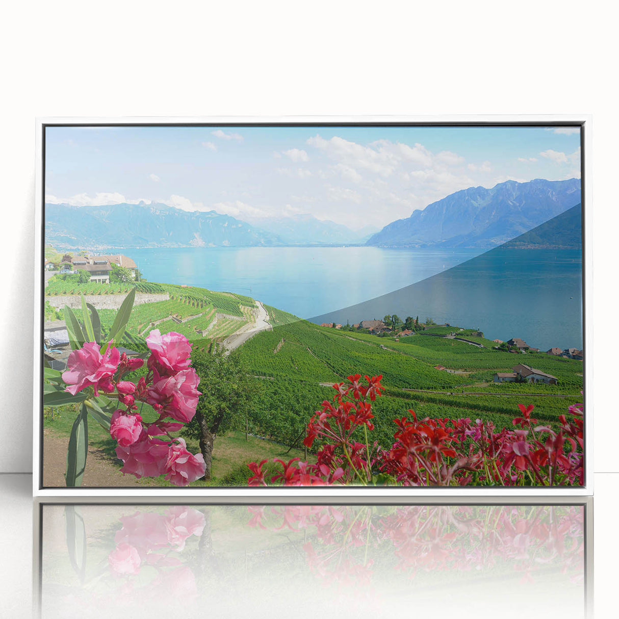 Acrylic print of Geneva scenery with muted blue and white tones in an art deco style.