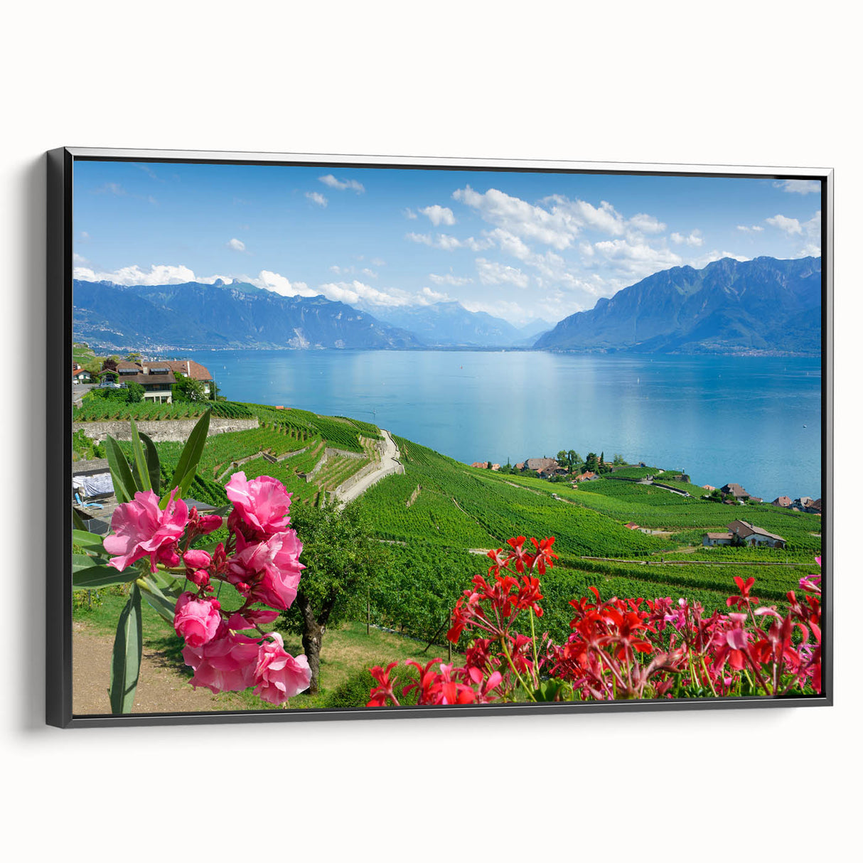 Black and white landscape art painting of Geneva, printed on framed canvas, suitable for bedroom decor.
