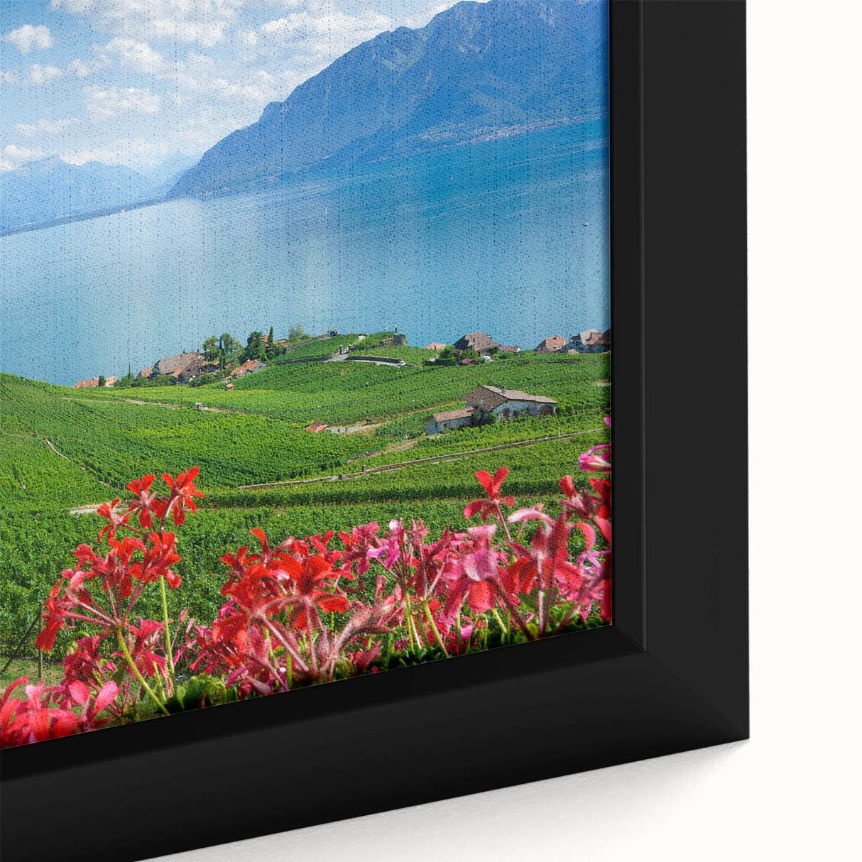 Close-up of a framed canvas featuring a textured depiction of Geneva, with a black and colorful art style.
