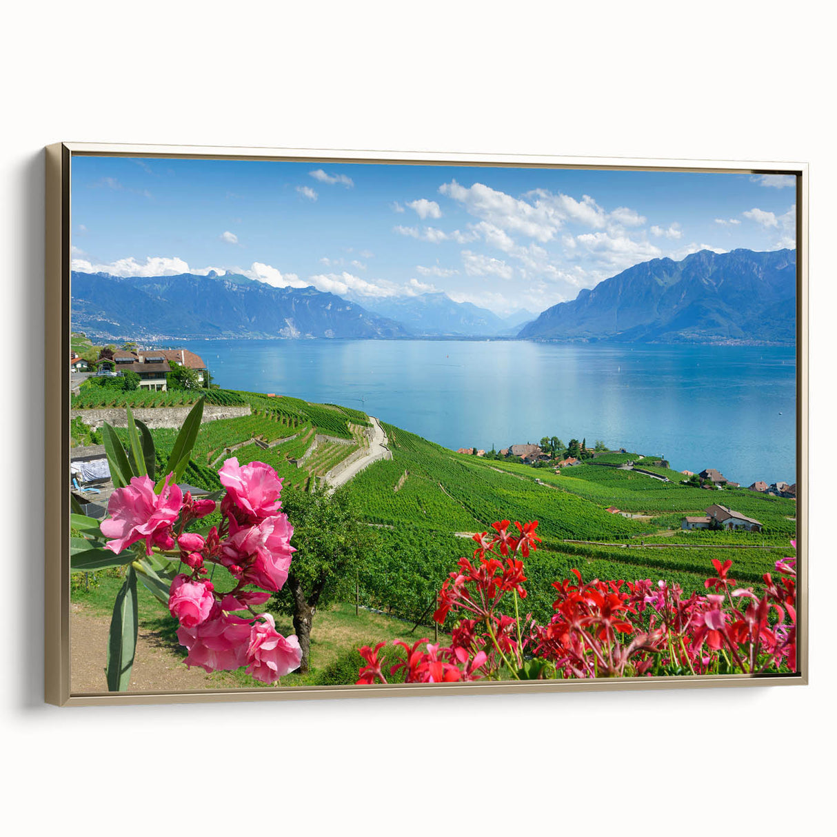 Framed canvas wall art depicting a vintage-style Geneva landscape in muted gold and black tones, ideal for bedroom decor.