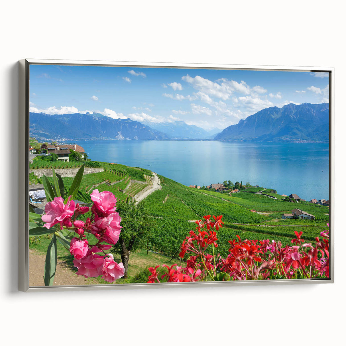 Landscape art painting of Geneva with colorful palette on silver-framed canvas, ideal for living room decor.