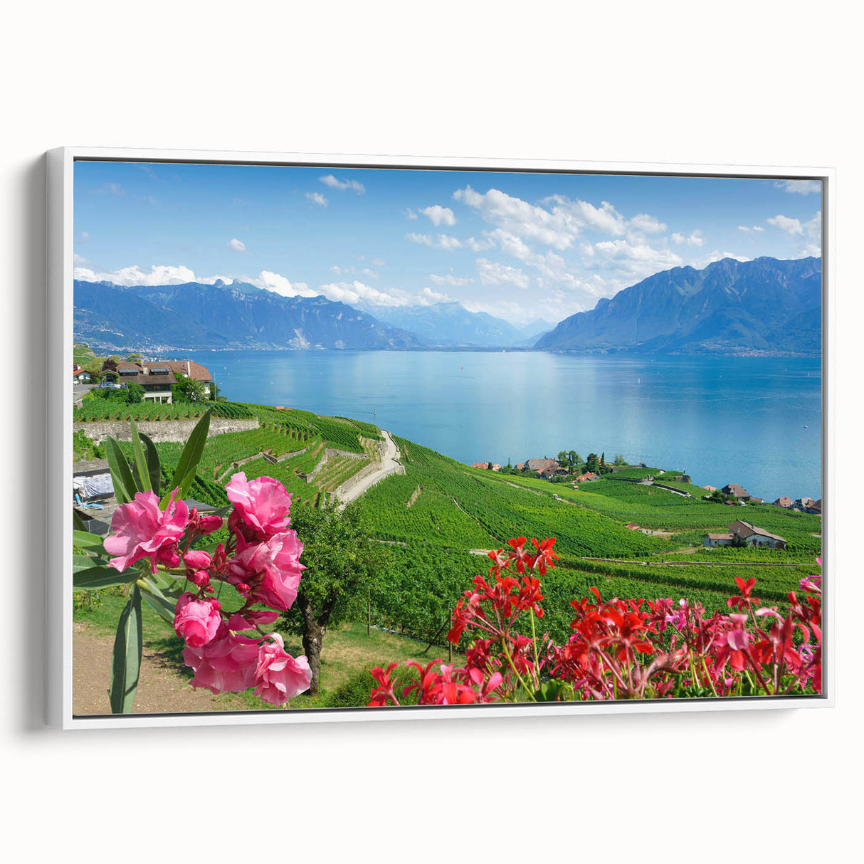 Vintage poster art of Geneva scenery on extra large framed canvas, featuring colorful art on black background.