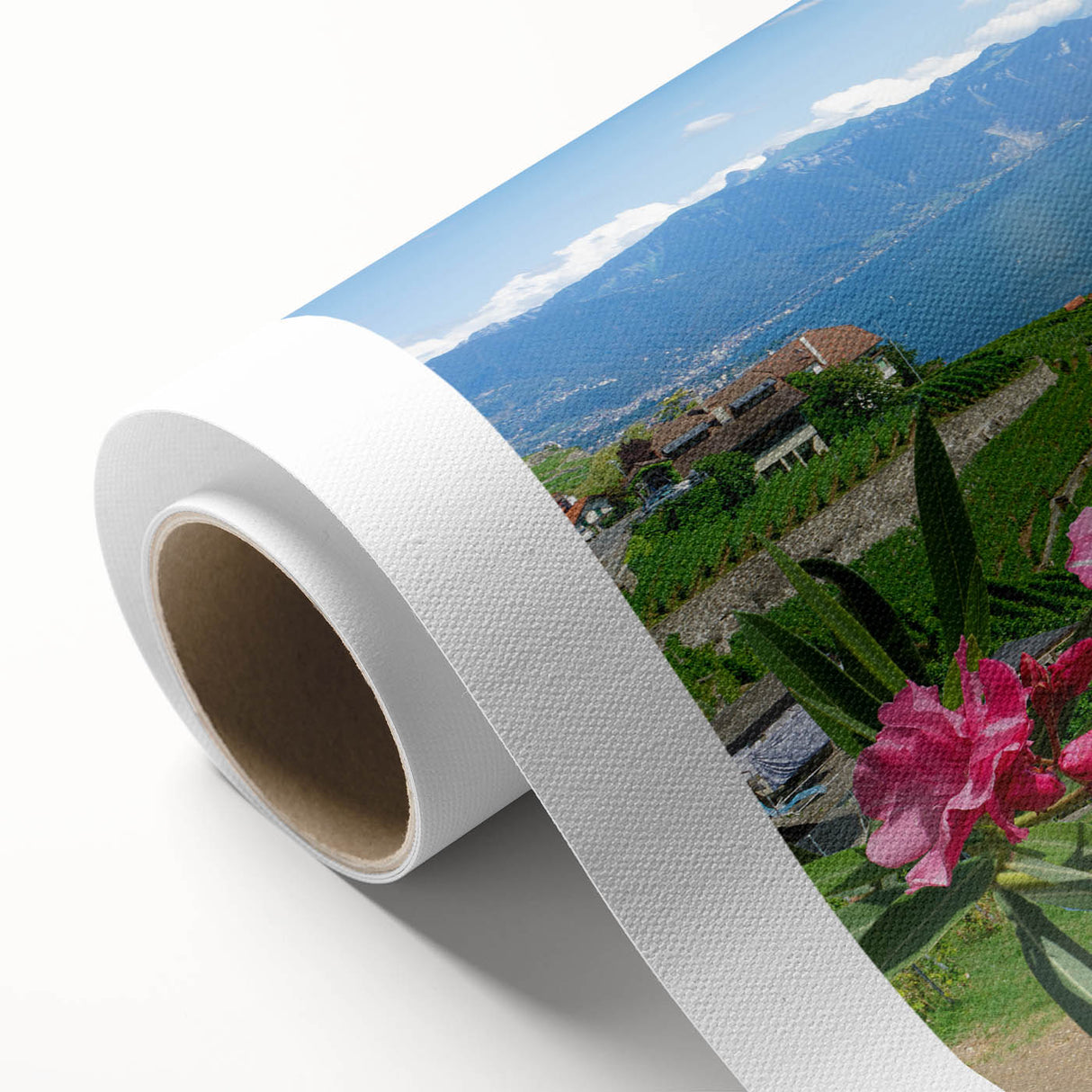 Art Deco poster of Geneva scenery on rolled canvas, featuring muted blue and gray tones, ideal for nursery wall art.
