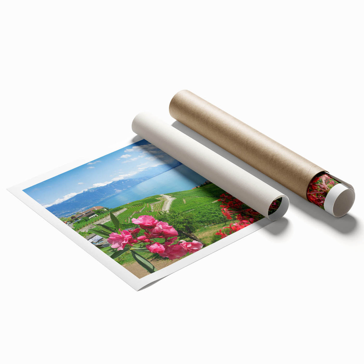 Extra large rolled print depicting Geneva's landscape with floral accents in soft pastel shades.