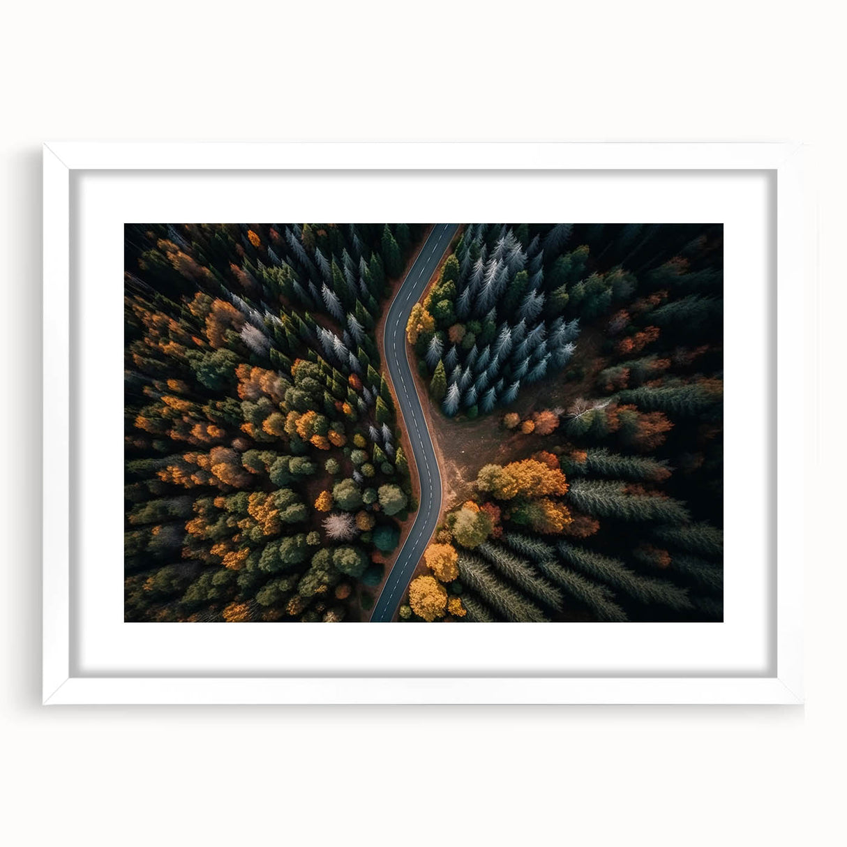 Abstract art print of a Swiss landscape in muted green and blue tones, framed with a white mat.