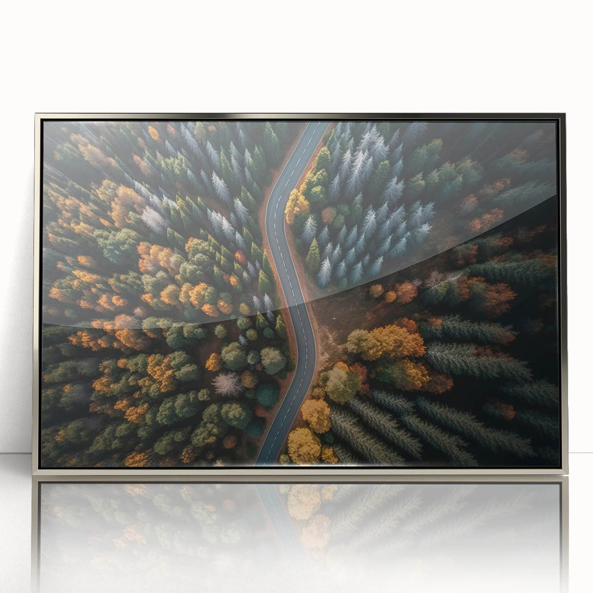 Mid-century modernist art of a Swiss landscape in acrylic, with muted earth tones, framed in silver.