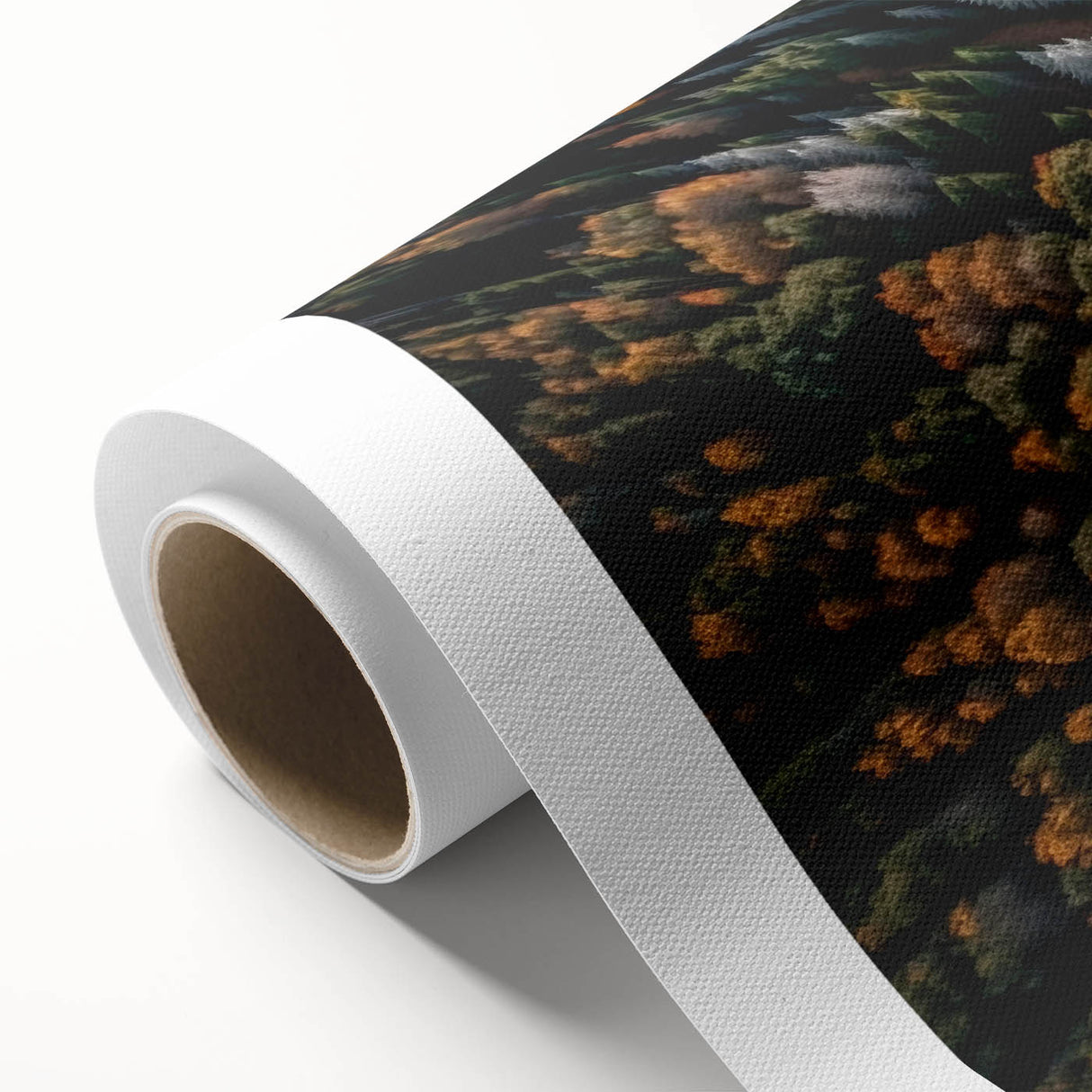 Art deco poster of a tranquil Swiss landscape, featuring muted greens and blues on rolled canvas.