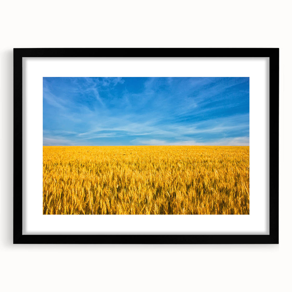 Extra large abstract art print of vibrant, colorful Ukrainian scenery on textured canvas, framed in black.