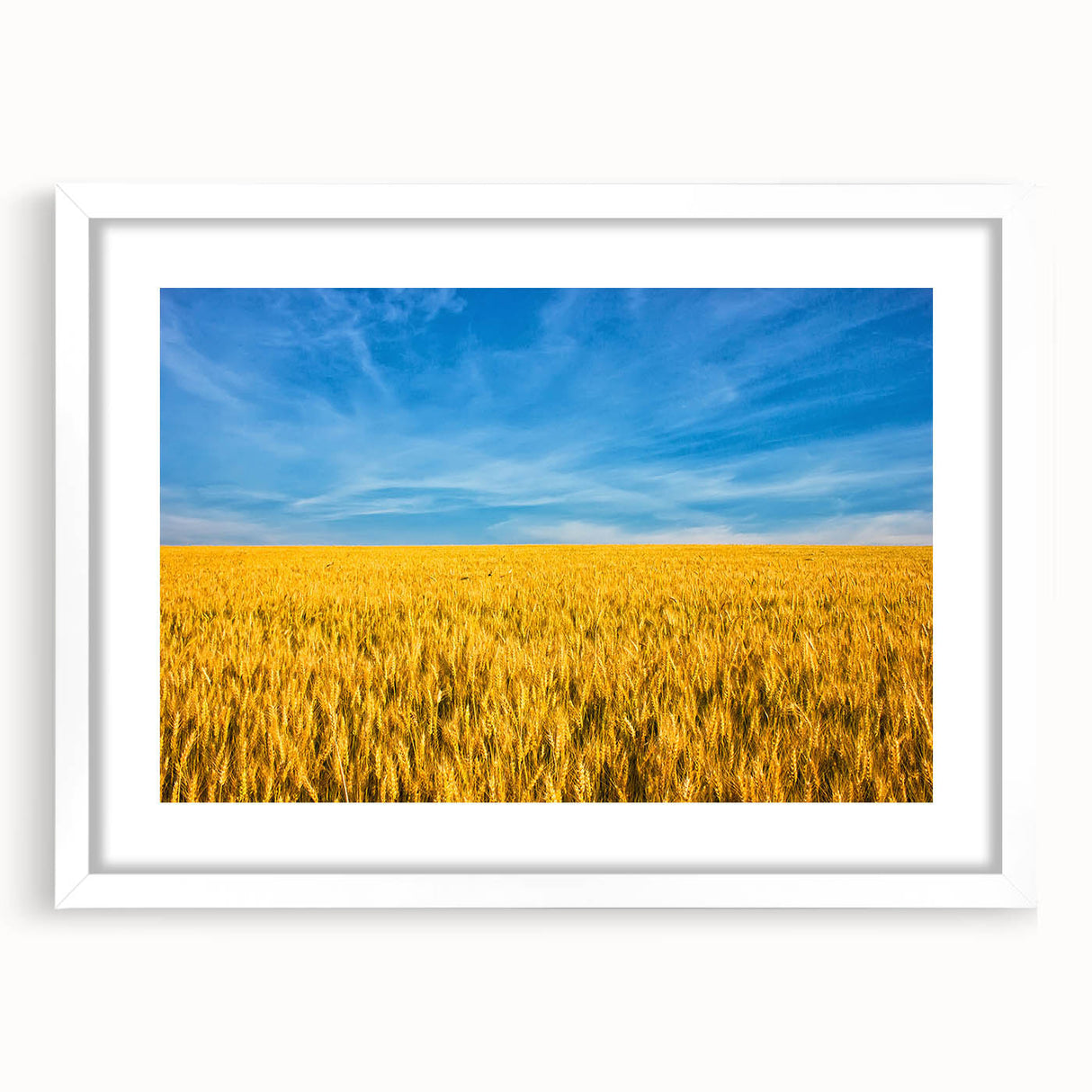 Abstract art print depicting a scenic European landscape in muted watercolor tones, framed with a white mat.