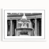 Abstract art print of the Vatican scenery in muted earth tones on a framed white mat, suitable for dining room decor.