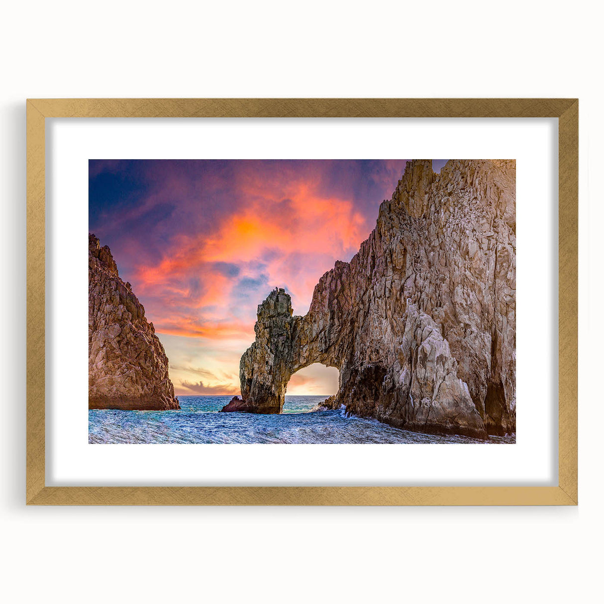 Extra large abstract art print of Baja California scenery in muted earth tones, framed in gold, ideal for living room decor.