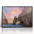 Large abstract wall art depicting Baja California scenery in mid-century modernist style, framed in black acrylic.