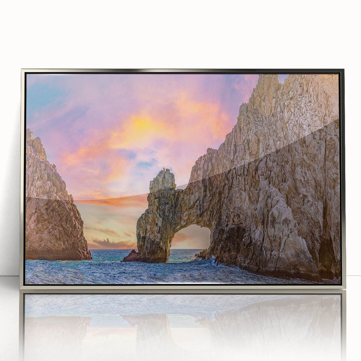 Mid-century modernist art depicting Baja California scenery in muted earth tones, framed acrylic.