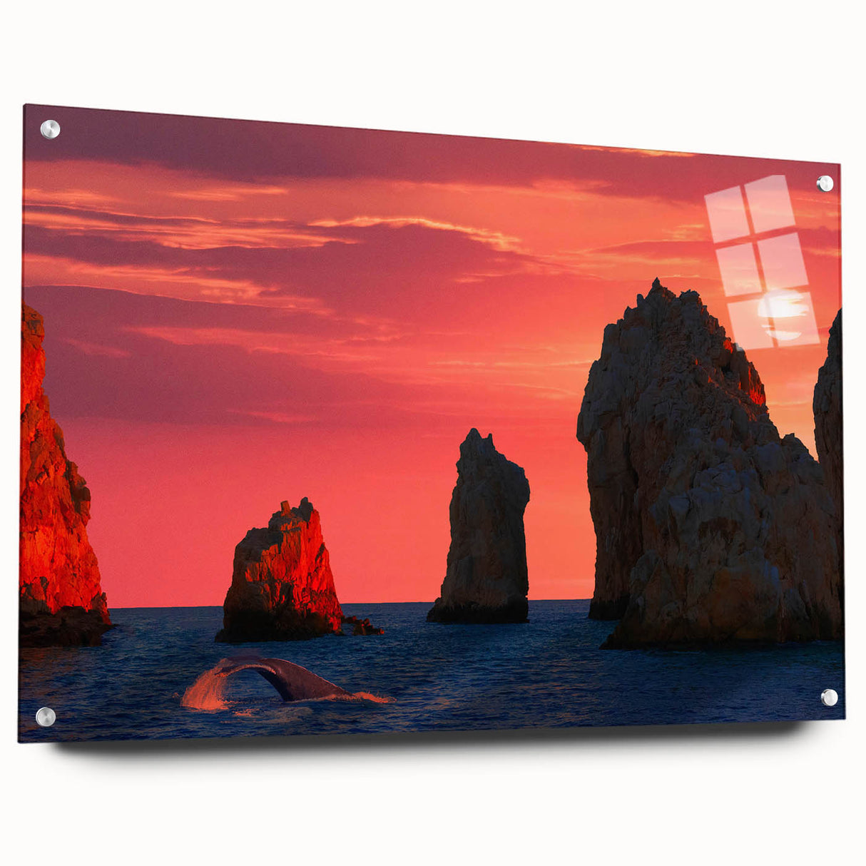 Acrylic print of Cabo San Lucas scenery in vibrant ocean blues and sandy tones, ideal for dining room art.