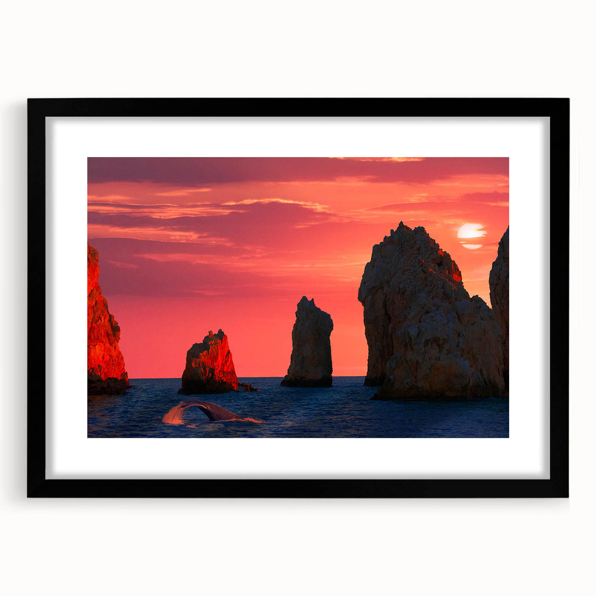 Colorful abstract art print of Cabo San Lucas scenery on a textured, extra large canvas, framed in black.