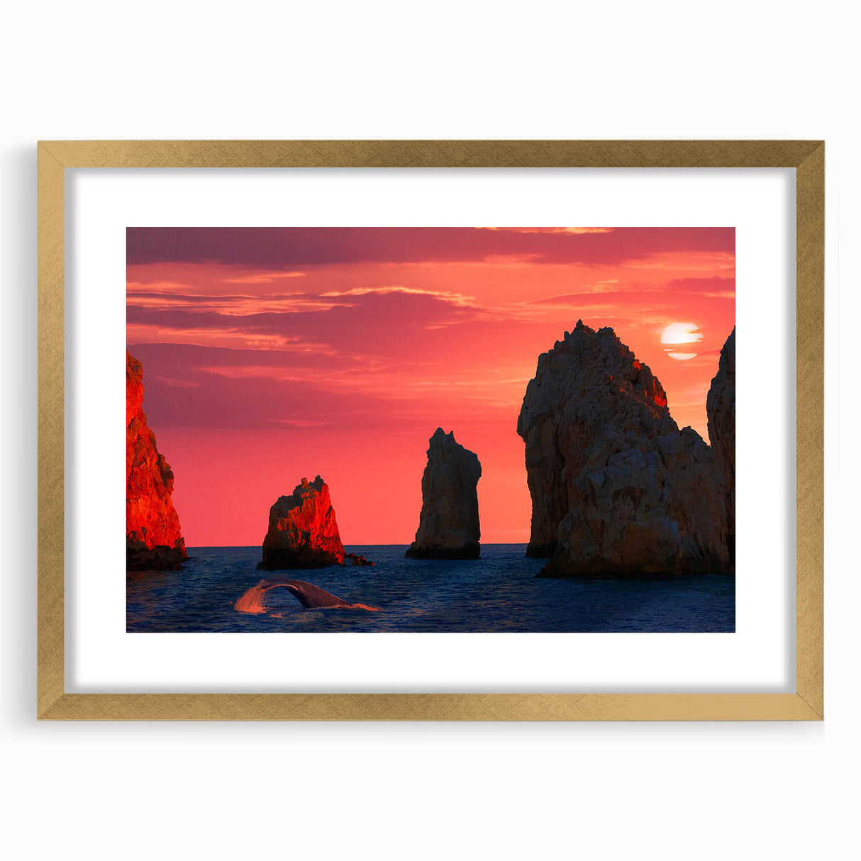 Extra large abstract art print of Cabo San Lucas scenery in gold frame, featuring textured brush strokes in earthy tones.