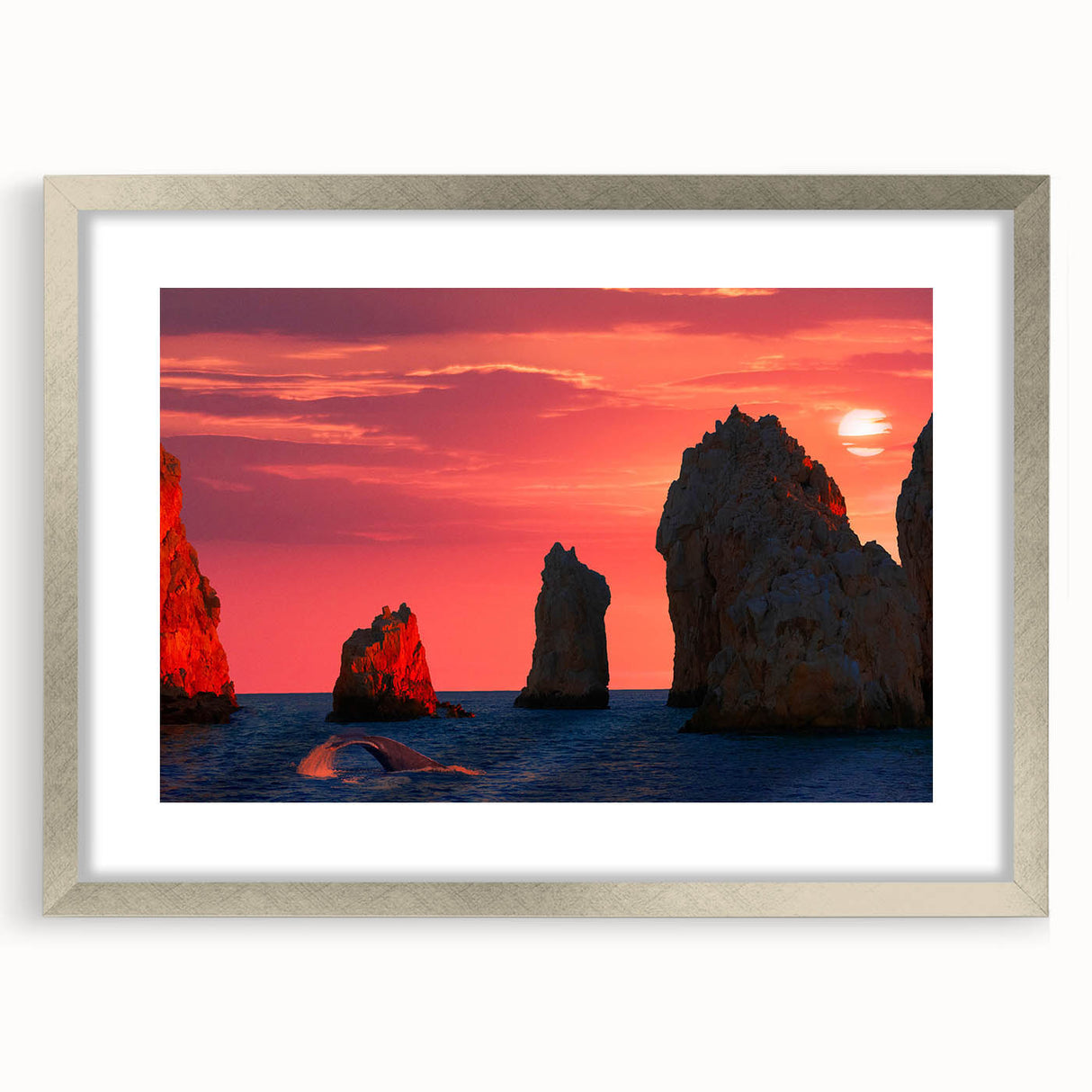 Textured abstract art print of Cabo San Lucas scenery in silver frame with mat, ideal for bedroom art.