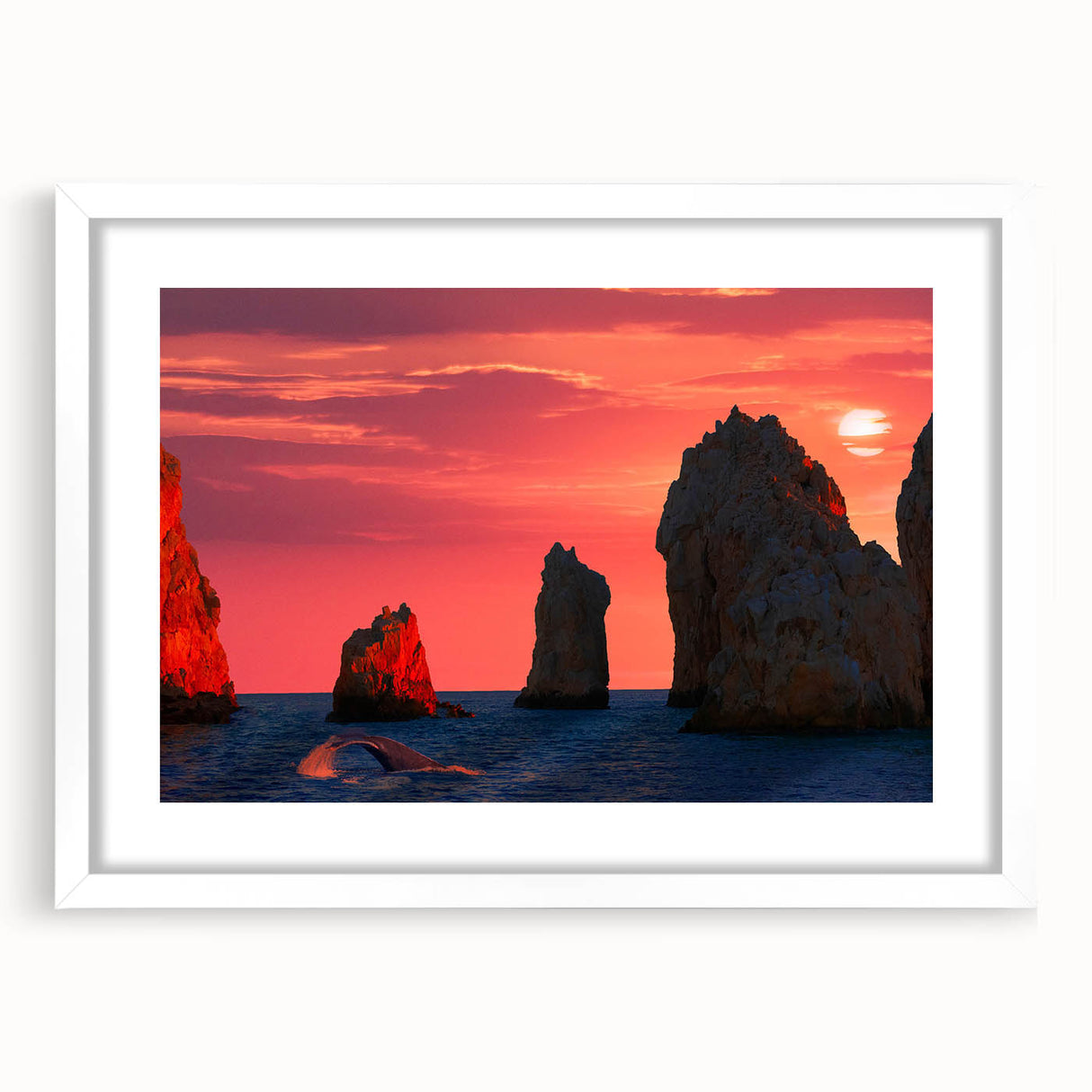 Abstract art print of Cabo San Lucas scenery in muted blue and green tones, framed with a white mat.