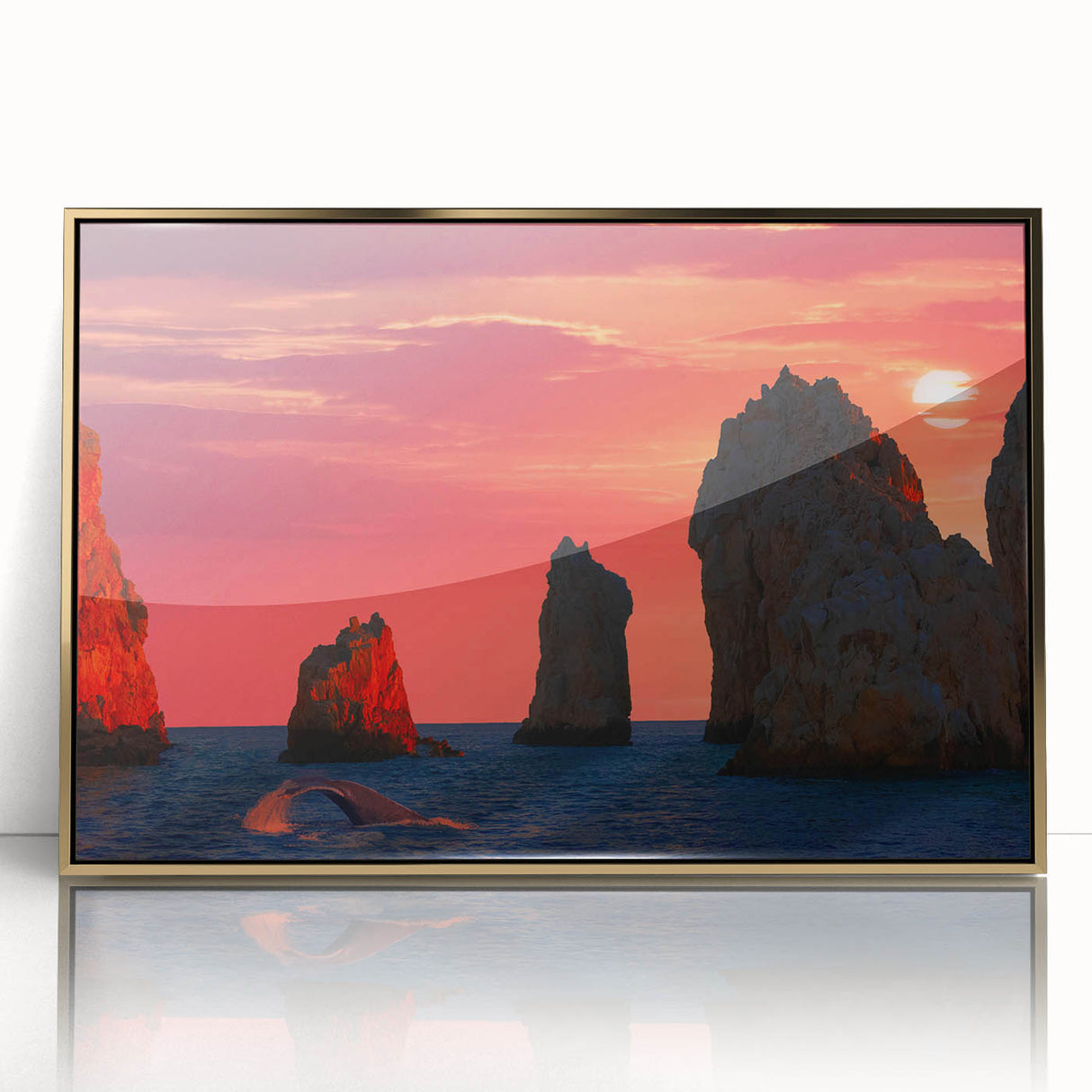 Acrylic print of Cabo San Lucas scenery in gold frame, featuring mid-century modernist style, ideal for nursery wall art.