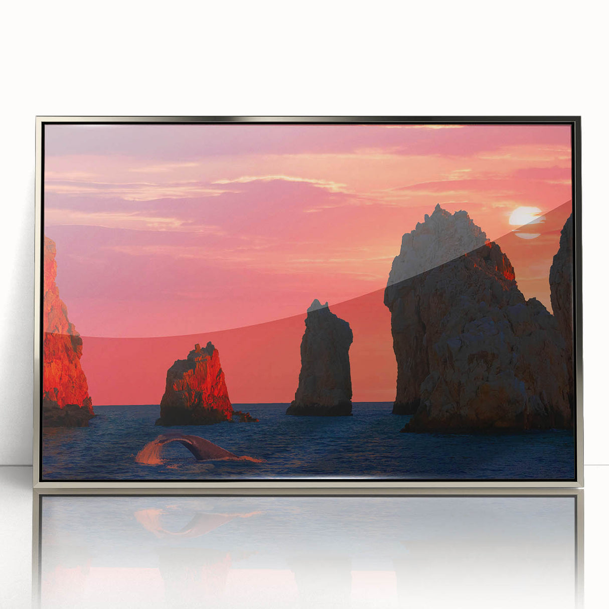 Mid-century modernist art of Cabo San Lucas scenery in a silver-framed acrylic print, ideal for modern art wall decor.