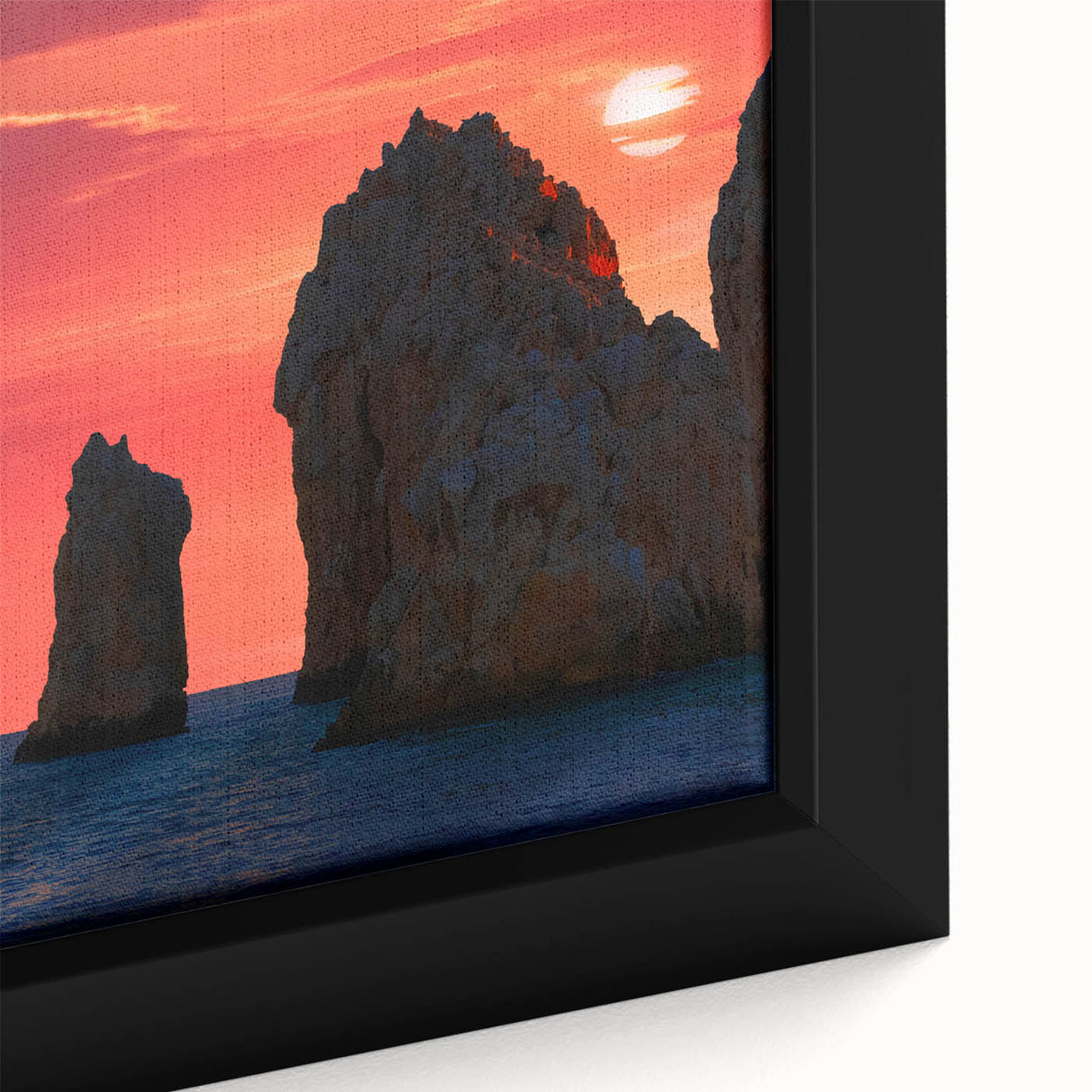 Black wall art featuring a textured scene of Cabo San Lucas with vibrant colors on a framed canvas.