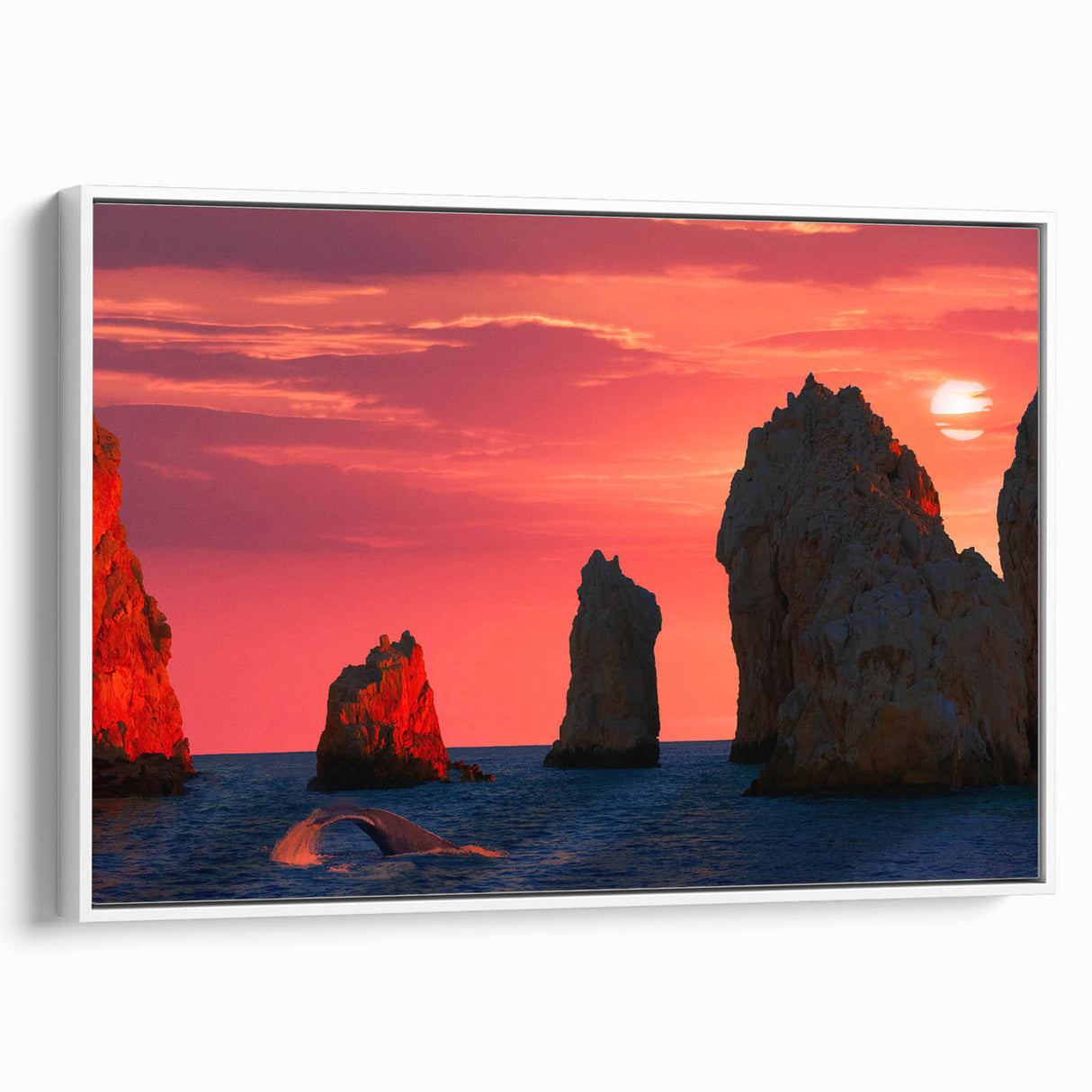 Vintage poster art of Cabo San Lucas with vivid colors on a large framed canvas, suitable for living room decor.
