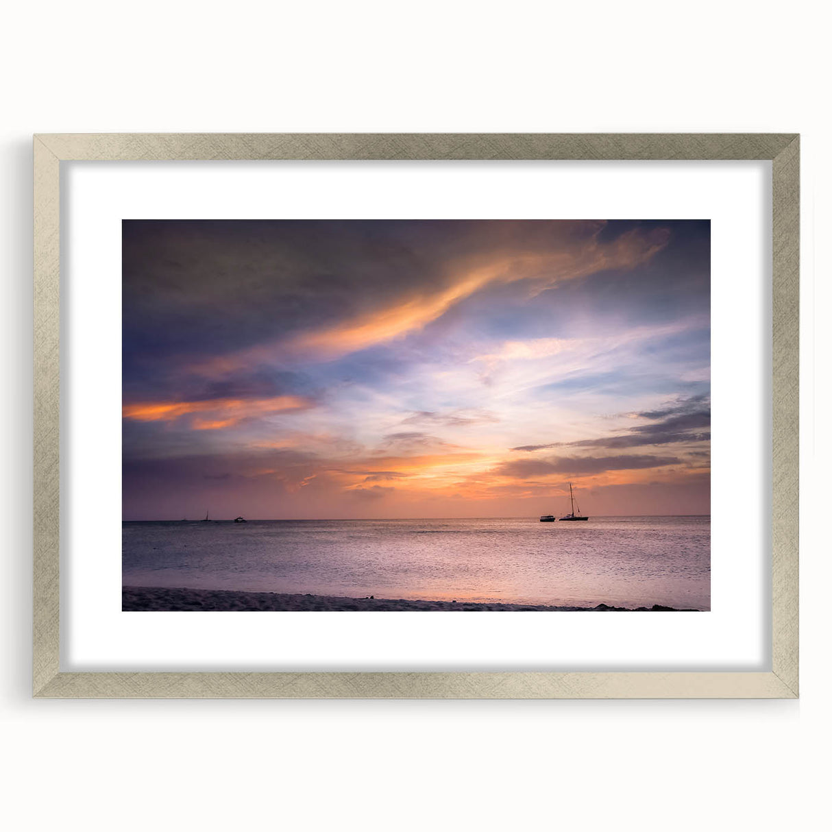 Textured abstract art print of Cancun scenery in silver frame, ideal for bedroom art.