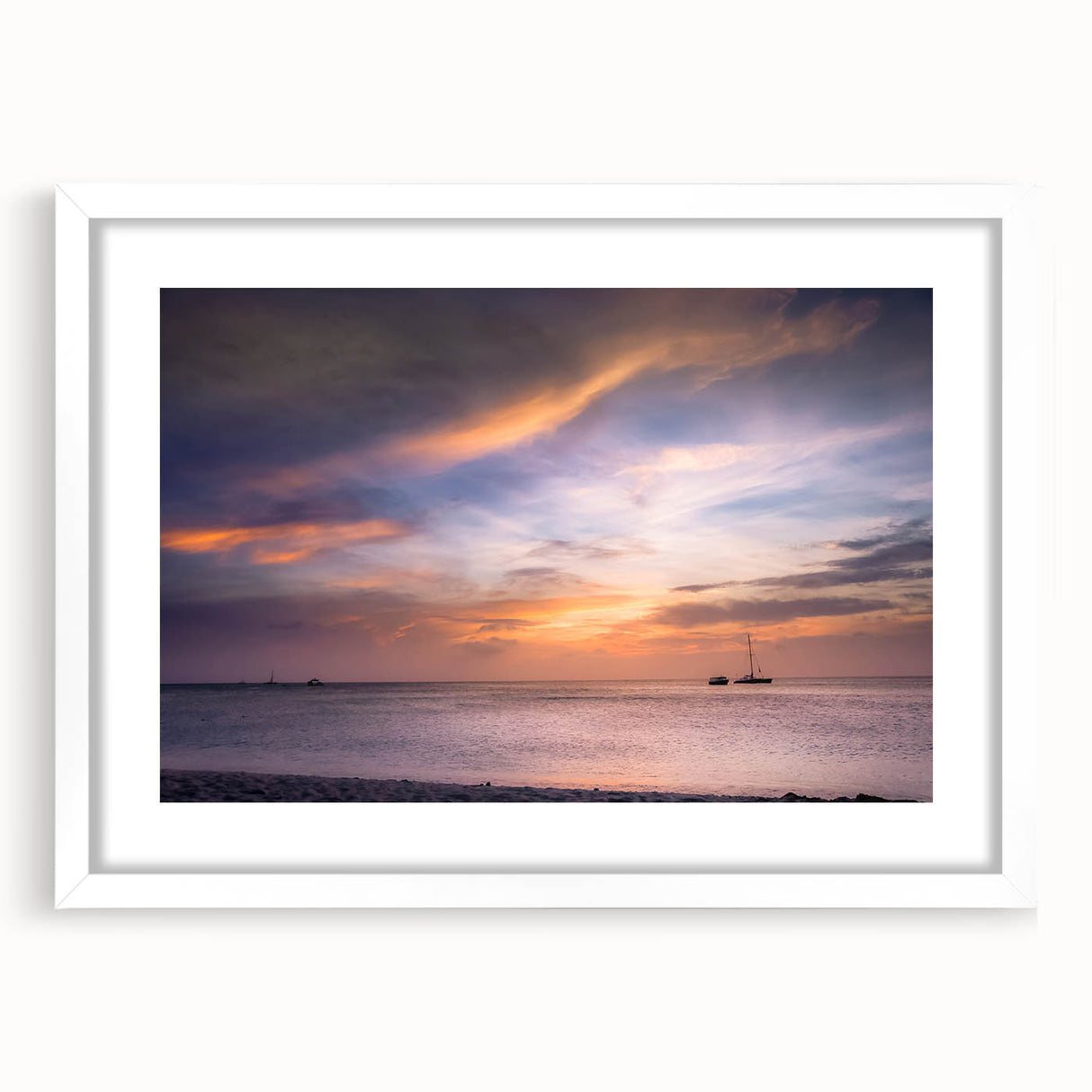 Abstract art print of Cancun scenery in muted blue and white tones, framed with a white mat, suitable for dining room decor.