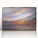 Large art print of Cancun scenery, mid-century modernist style, in gold frame on acrylic, with vibrant blue and green tones.
