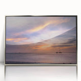 Mid-century modernist art depicting Cancun scenery in acrylic, with silver frame, ideal for nursery wall art.
