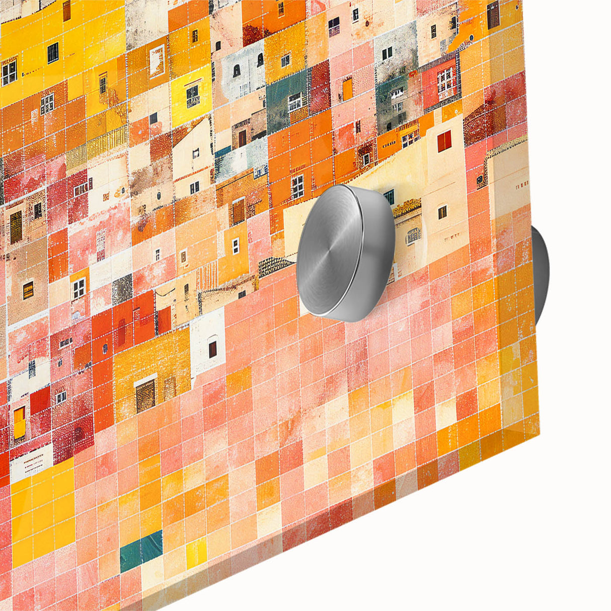 Mid-century modernist art of Guanajuato scenery in vibrant colors on acrylic glass, ideal for dining room art.