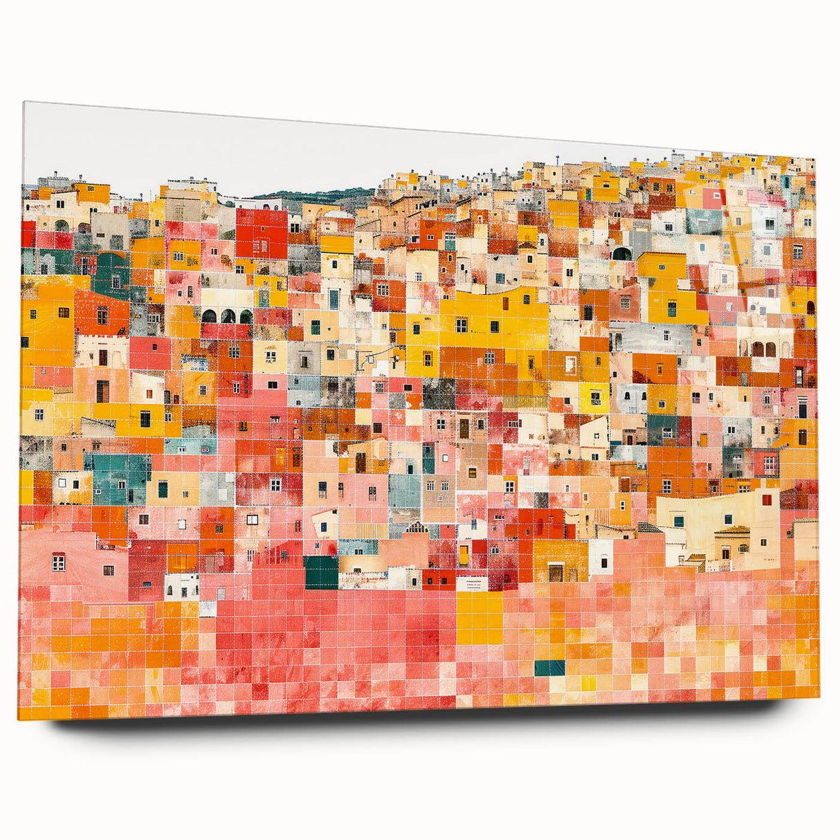 Large abstract wall art depicting a colorful Guanajuato scenery on acrylic glass, ideal for bedroom or dining room decor.
