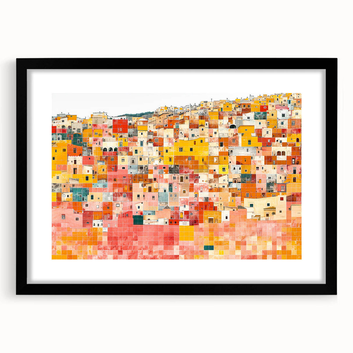 Extra large framed abstract art print depicting a vibrant, colorful Mexican Guanajuato scenery, ideal for living room decor.