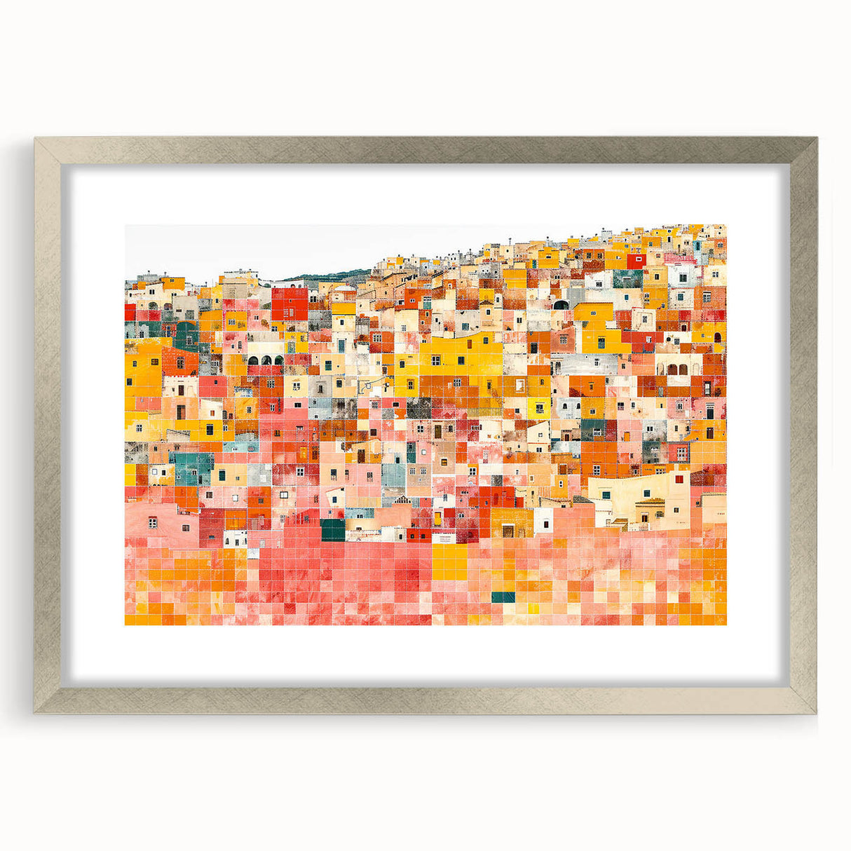 Textured abstract art print of Guanajuato, Mexico, in muted earth tones on a framed canvas, ideal for bedroom decor.
