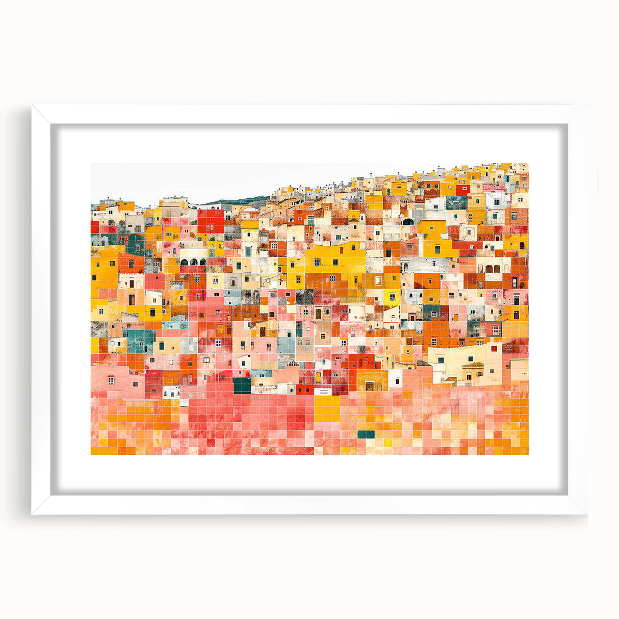 Abstract art print of Guanajuato, Mexico scenery in muted earth tones on a framed white mat, suitable for dining room decor.