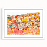 Abstract art print of Guanajuato, Mexico scenery in muted earth tones on a framed white mat, suitable for dining room decor.