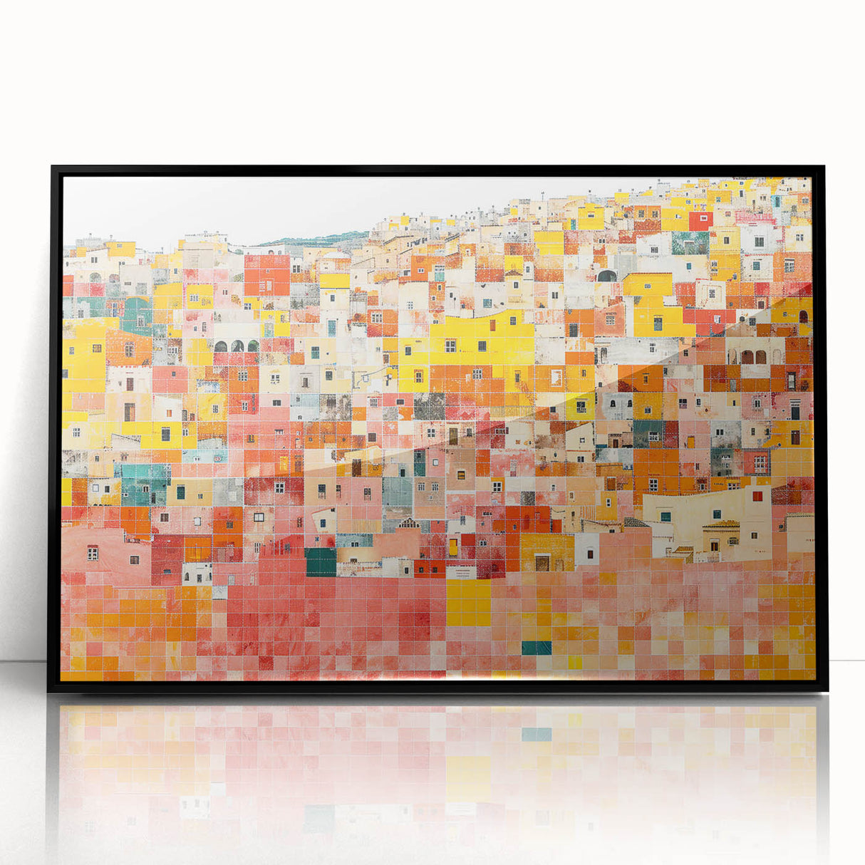 Large abstract wall art depicting the vibrant, multicolored buildings of Guanajuato, Mexico on a framed acrylic print.