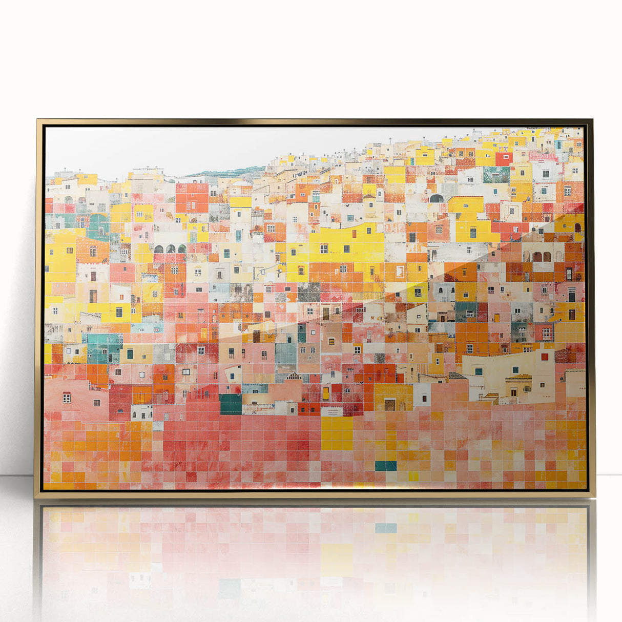 Framed acrylic print of Guanajuato, Mexico, in mid-century modernist style with vibrant colors.