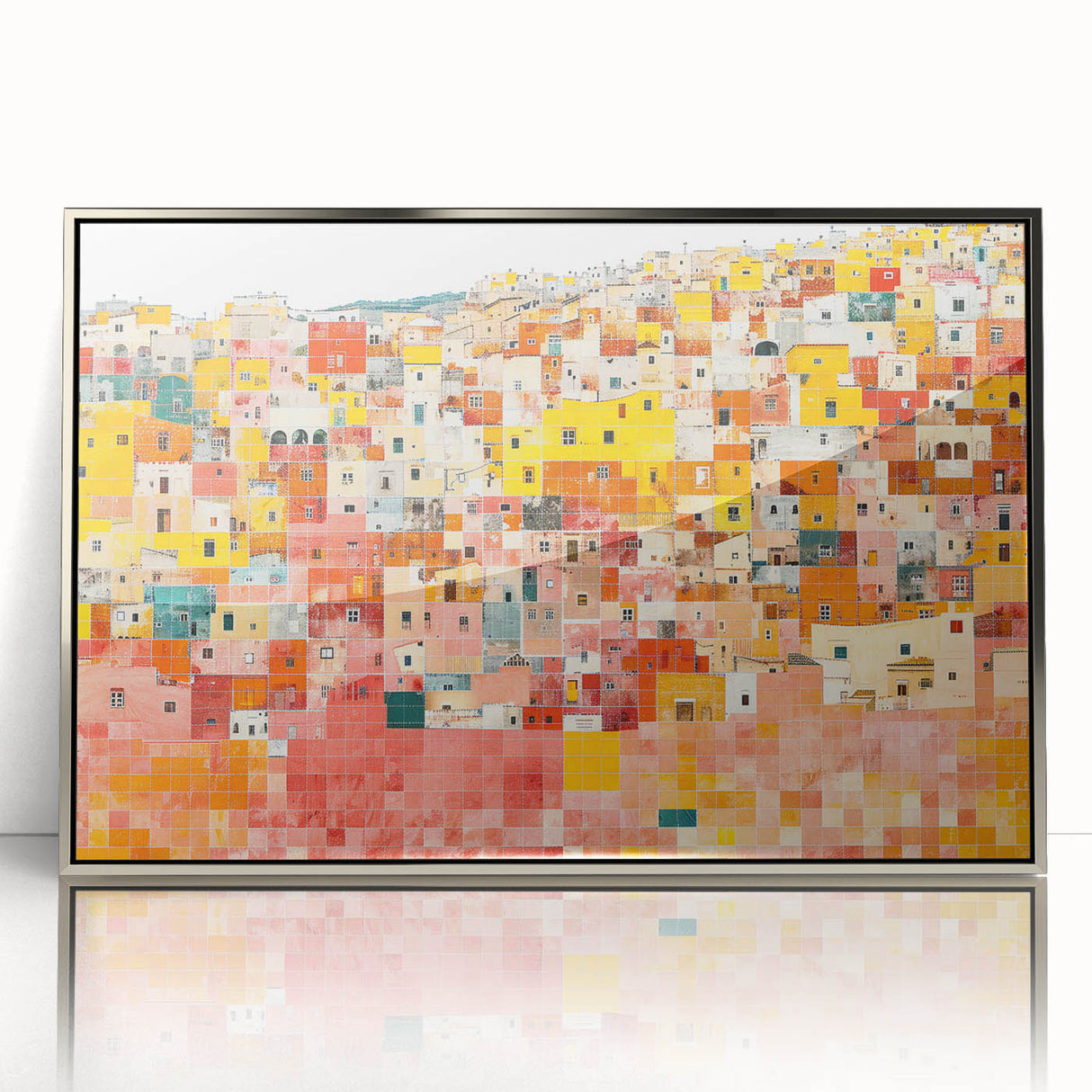 Mid-century modernist art depicting the colorful buildings of Guanajuato, Mexico on a silver-framed acrylic print.