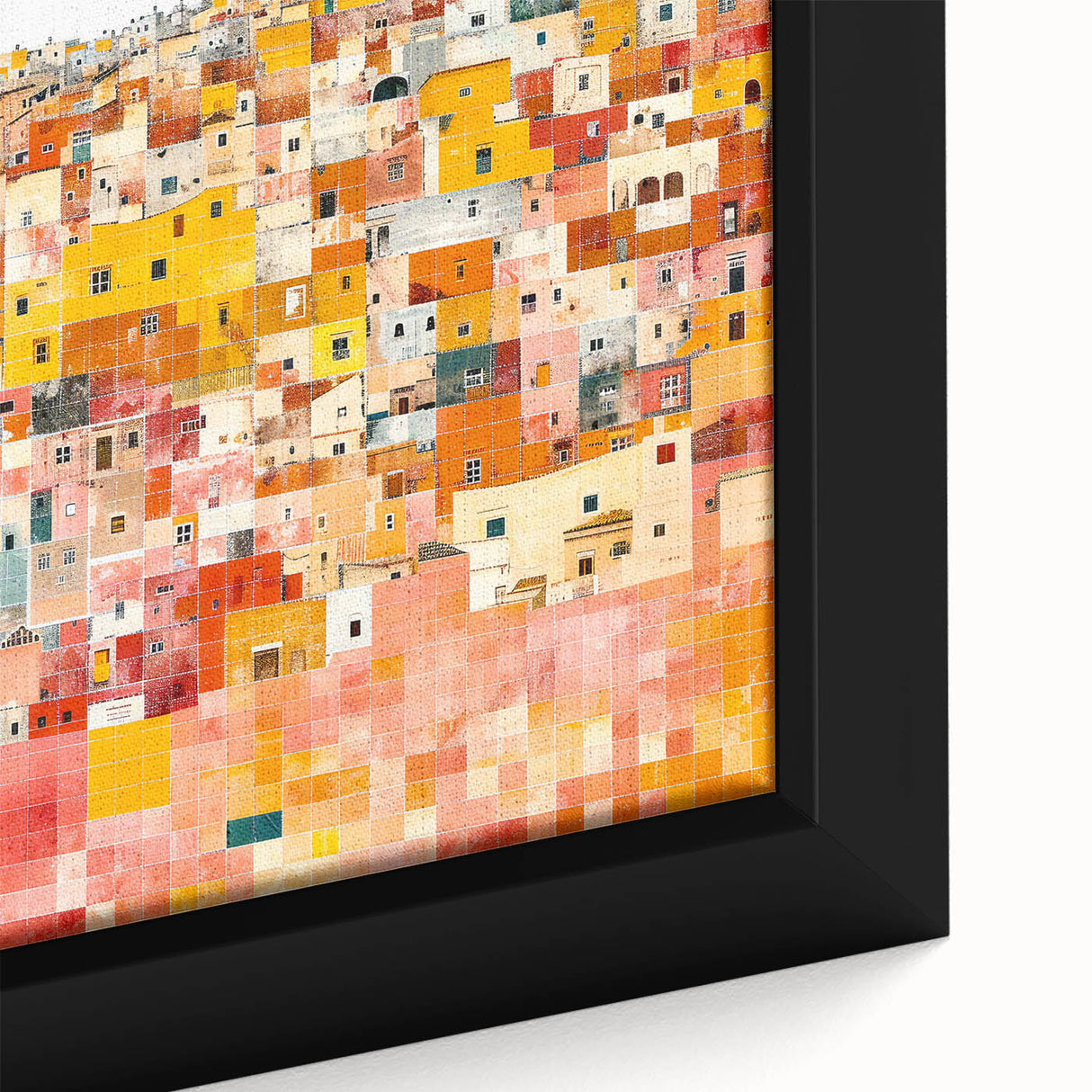 Framed canvas featuring a textured depiction of Guanajuato, Mexico with vibrant, colorful buildings and black accents.