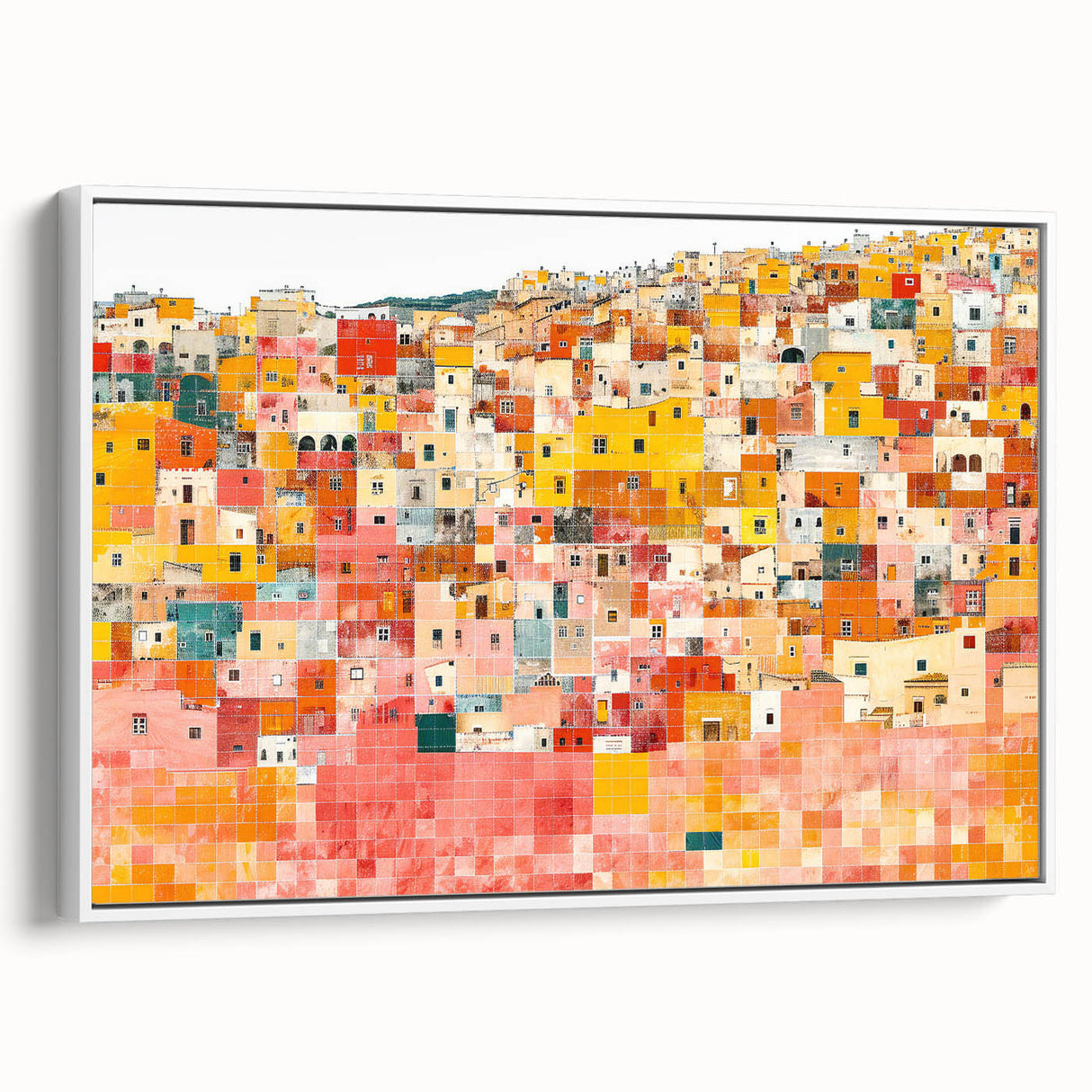 Vintage poster art of Guanajuato, Mexico, featuring colorful buildings on a black framed canvas.